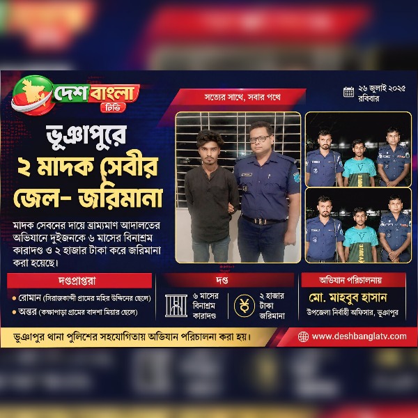 ভূঞাপুরে মাদক সেবনের দায়ে দুইজনের ৬ মাসের কারাদণ্ড, জরিমানা