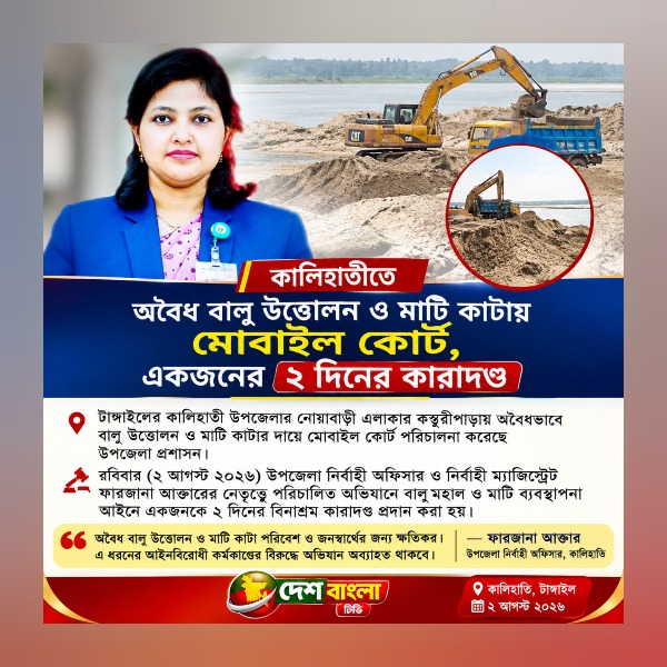কালিহাতীতে অবৈধ বালু উত্তোলন ও মাটি কাটা
